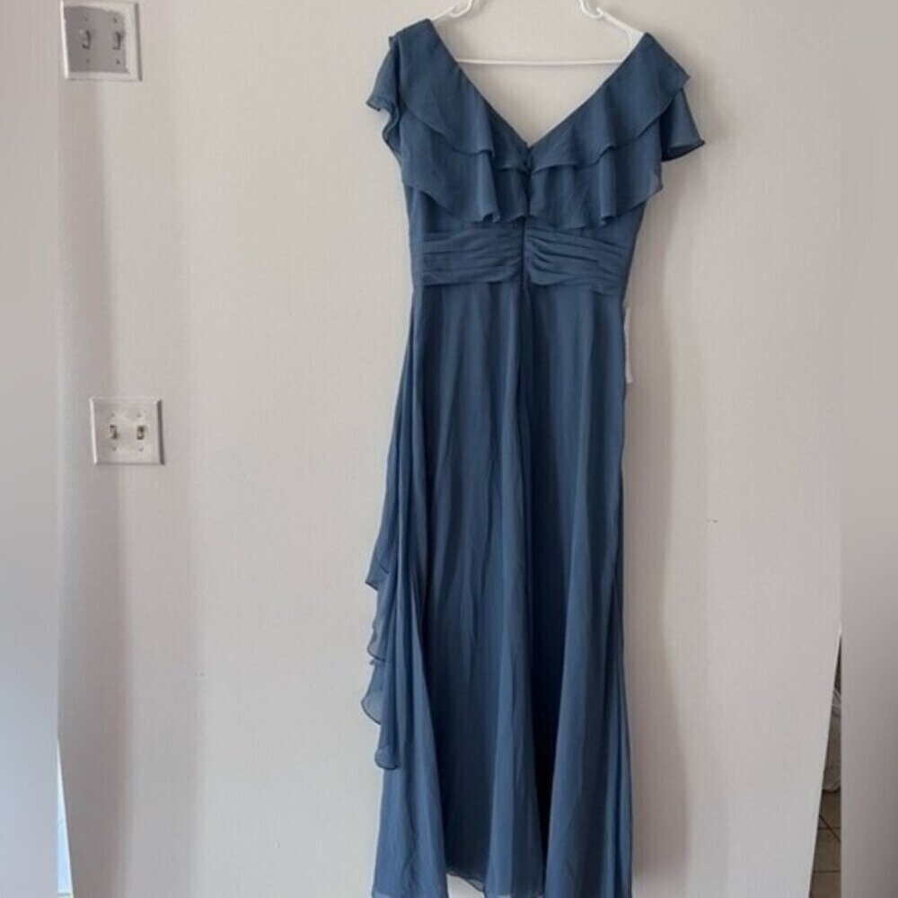 AZAZIE maxi dress A-Line Ruched Chiffon Floor-Length Dress Dusty Blue Size 10 - Picture 10 of 14